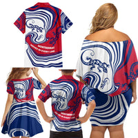 Montserrat Family Matching Off Shoulder Short Dress and Hawaiian Shirt with Gecko Illustration Red Blue Wavy Line Design - Wonder Print Shop