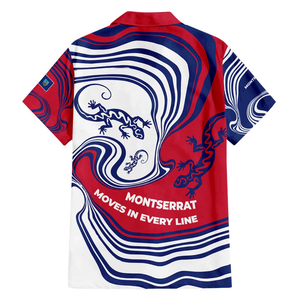 Montserrat Family Matching Off Shoulder Short Dress and Hawaiian Shirt with Gecko Illustration Red Blue Wavy Line Design - Wonder Print Shop
