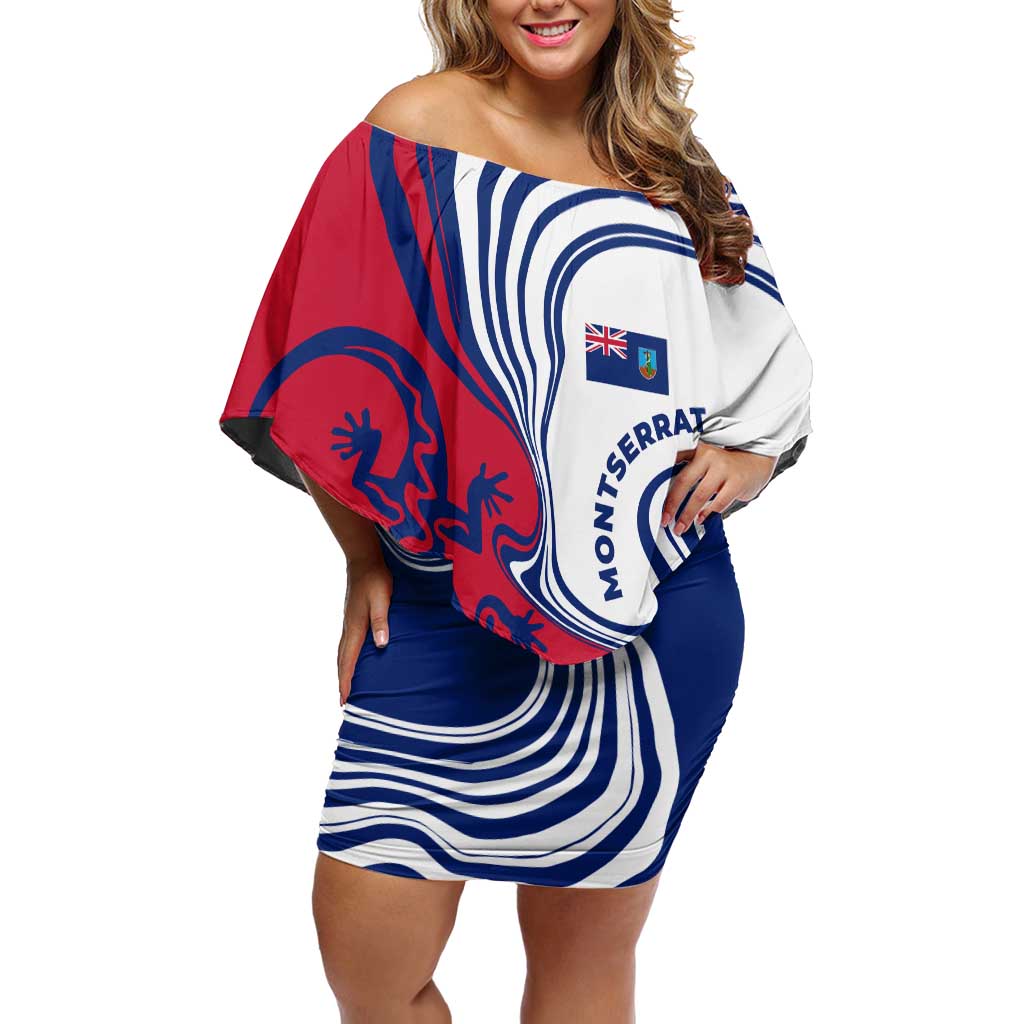 Montserrat Family Matching Off Shoulder Short Dress and Hawaiian Shirt with Gecko Illustration Red Blue Wavy Line Design - Wonder Print Shop