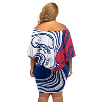 Montserrat Family Matching Off Shoulder Short Dress and Hawaiian Shirt with Gecko Illustration Red Blue Wavy Line Design - Wonder Print Shop
