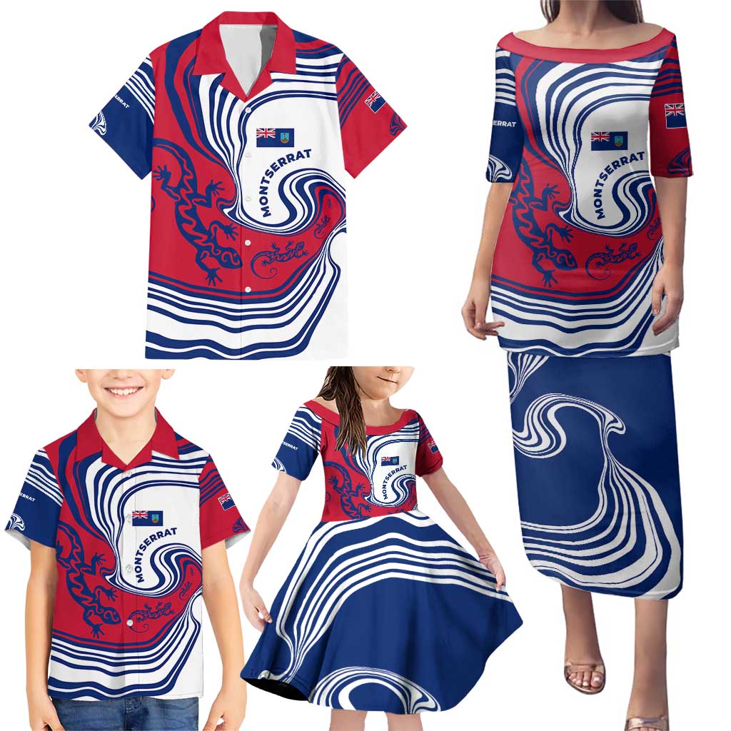 Montserrat Family Matching Puletasi and Hawaiian Shirt with Gecko Illustration Red Blue Wavy Line Design - Wonder Print Shop
