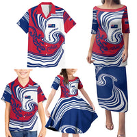 Montserrat Family Matching Puletasi and Hawaiian Shirt with Gecko Illustration Red Blue Wavy Line Design - Wonder Print Shop