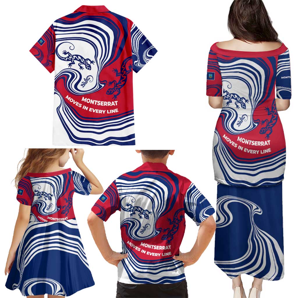 Montserrat Family Matching Puletasi and Hawaiian Shirt with Gecko Illustration Red Blue Wavy Line Design - Wonder Print Shop