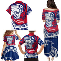 Montserrat Family Matching Puletasi and Hawaiian Shirt with Gecko Illustration Red Blue Wavy Line Design - Wonder Print Shop