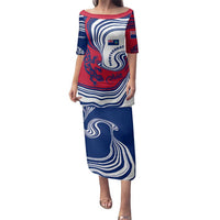 Montserrat Family Matching Puletasi and Hawaiian Shirt with Gecko Illustration Red Blue Wavy Line Design - Wonder Print Shop