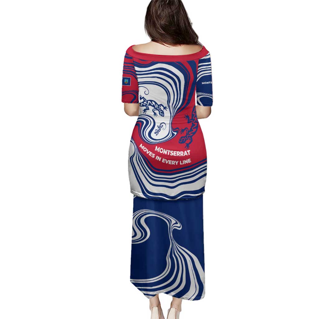 Montserrat Family Matching Puletasi and Hawaiian Shirt with Gecko Illustration Red Blue Wavy Line Design - Wonder Print Shop