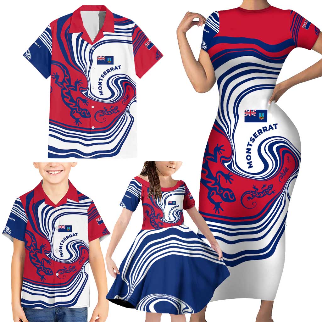 Montserrat Family Matching Short Sleeve Bodycon Dress and Hawaiian Shirt with Gecko Illustration Red Blue Wavy Line Design - Wonder Print Shop