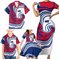 Montserrat Family Matching Short Sleeve Bodycon Dress and Hawaiian Shirt with Gecko Illustration Red Blue Wavy Line Design - Wonder Print Shop