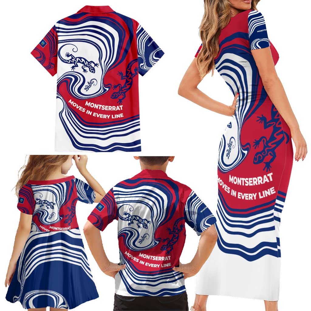 Montserrat Family Matching Short Sleeve Bodycon Dress and Hawaiian Shirt with Gecko Illustration Red Blue Wavy Line Design - Wonder Print Shop