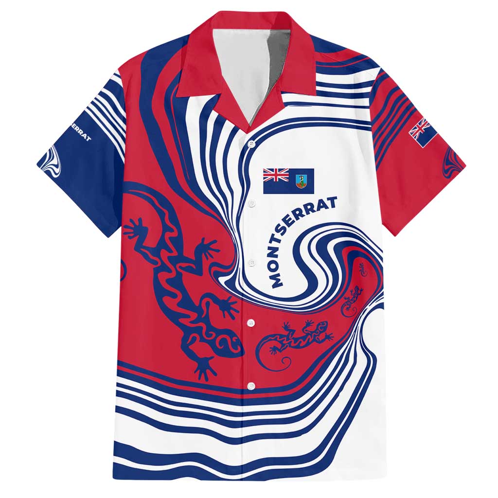 Montserrat Family Matching Short Sleeve Bodycon Dress and Hawaiian Shirt with Gecko Illustration Red Blue Wavy Line Design - Wonder Print Shop