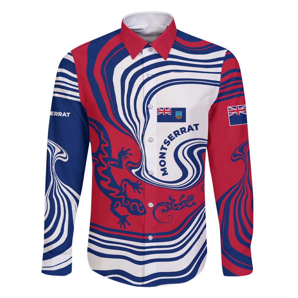 Montserrat Family Matching Short Sleeve Bodycon Dress and Hawaiian Shirt with Gecko Illustration Red Blue Wavy Line Design - Wonder Print Shop