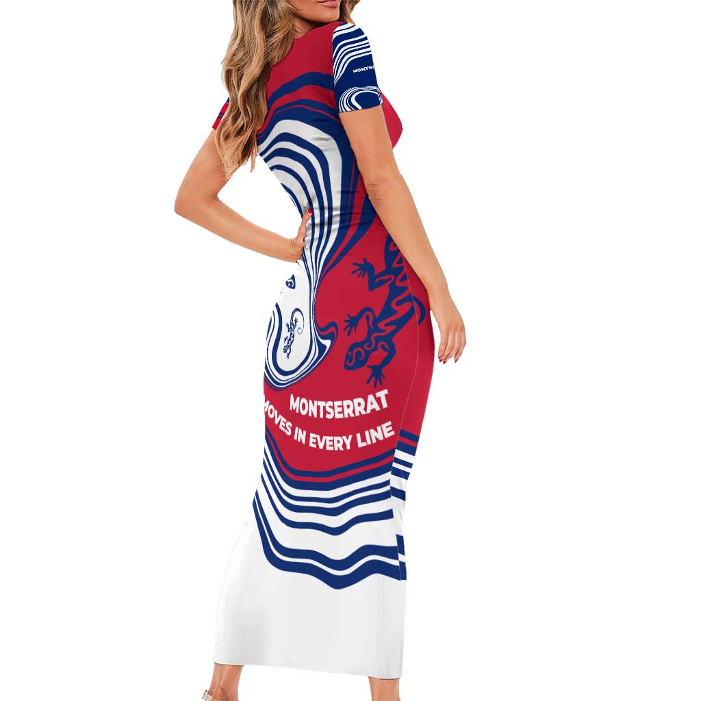 Montserrat Family Matching Short Sleeve Bodycon Dress and Hawaiian Shirt with Gecko Illustration Red Blue Wavy Line Design - Wonder Print Shop