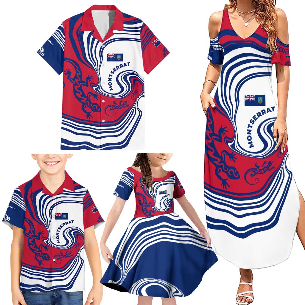 Montserrat Family Matching Summer Maxi Dress and Hawaiian Shirt with Gecko Illustration Red Blue Wavy Line Design - Wonder Print Shop