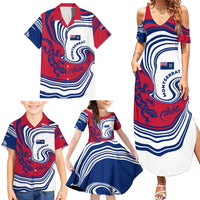 Montserrat Family Matching Summer Maxi Dress and Hawaiian Shirt with Gecko Illustration Red Blue Wavy Line Design - Wonder Print Shop
