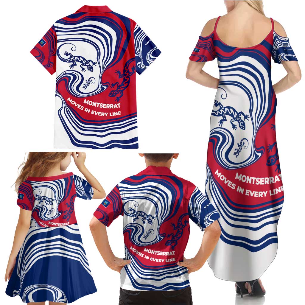 Montserrat Family Matching Summer Maxi Dress and Hawaiian Shirt with Gecko Illustration Red Blue Wavy Line Design - Wonder Print Shop