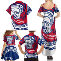 Montserrat Family Matching Summer Maxi Dress and Hawaiian Shirt with Gecko Illustration Red Blue Wavy Line Design - Wonder Print Shop