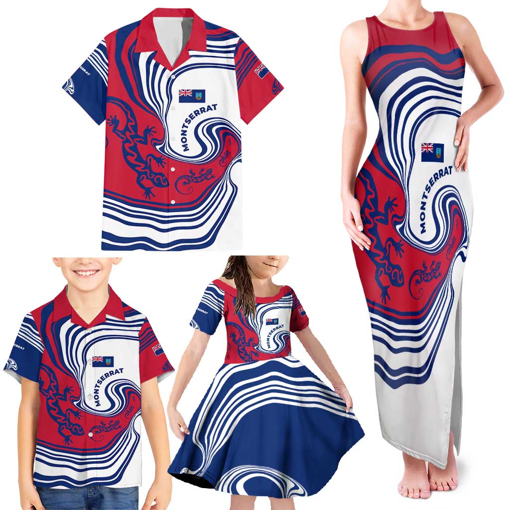 Montserrat Family Matching Tank Maxi Dress and Hawaiian Shirt with Gecko Illustration Red Blue Wavy Line Design - Wonder Print Shop