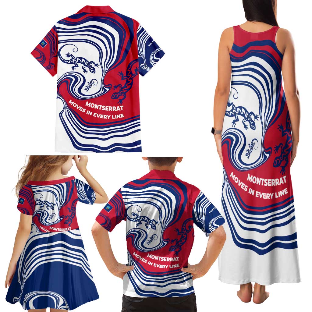 Montserrat Family Matching Tank Maxi Dress and Hawaiian Shirt with Gecko Illustration Red Blue Wavy Line Design - Wonder Print Shop