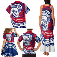 Montserrat Family Matching Tank Maxi Dress and Hawaiian Shirt with Gecko Illustration Red Blue Wavy Line Design - Wonder Print Shop