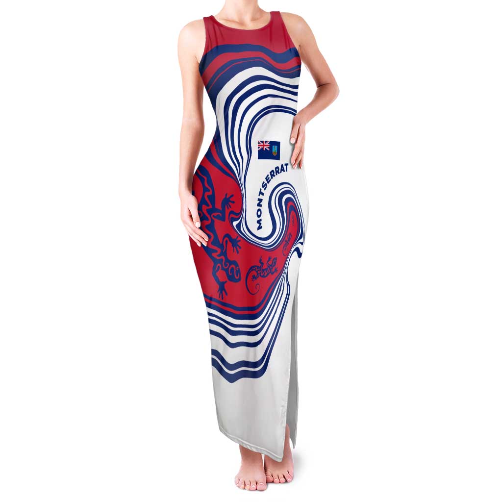 Montserrat Family Matching Tank Maxi Dress and Hawaiian Shirt with Gecko Illustration Red Blue Wavy Line Design - Wonder Print Shop