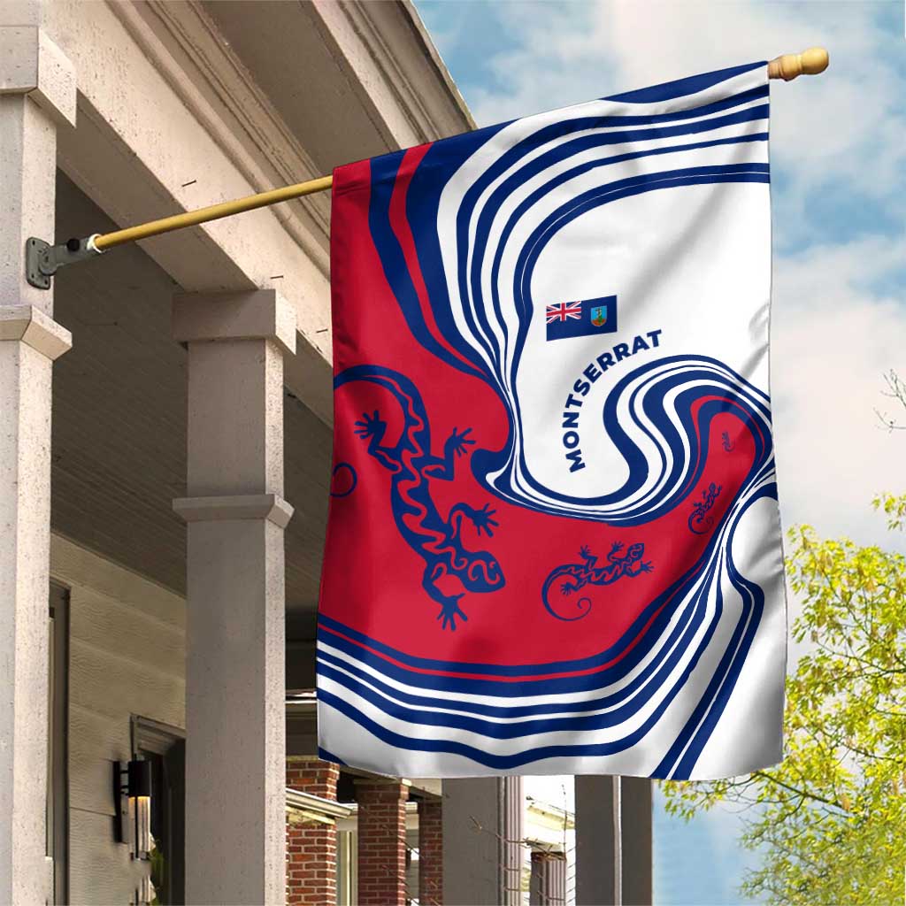 Montserrat Garden Flag with Gecko Illustration Red Blue Wavy Line Design - Wonder Print Shop