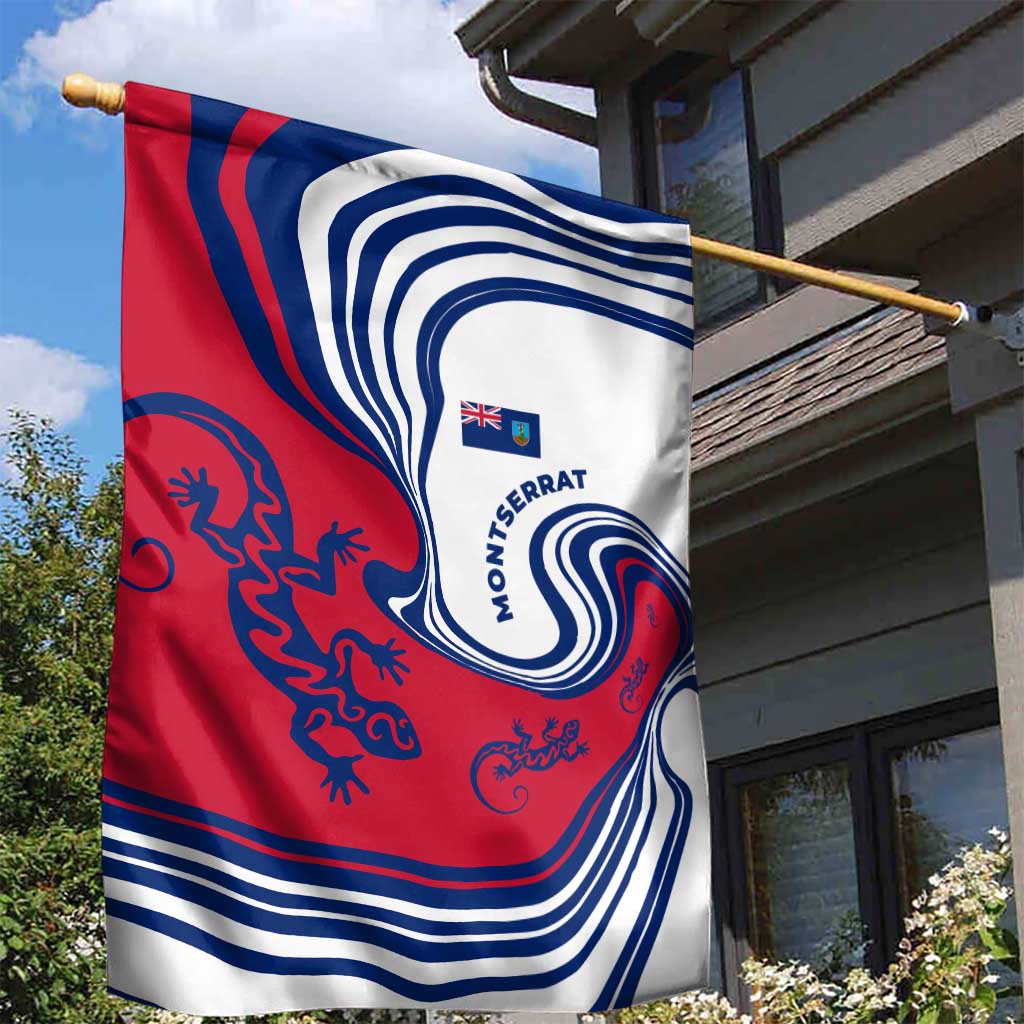 Montserrat Garden Flag with Gecko Illustration Red Blue Wavy Line Design - Wonder Print Shop