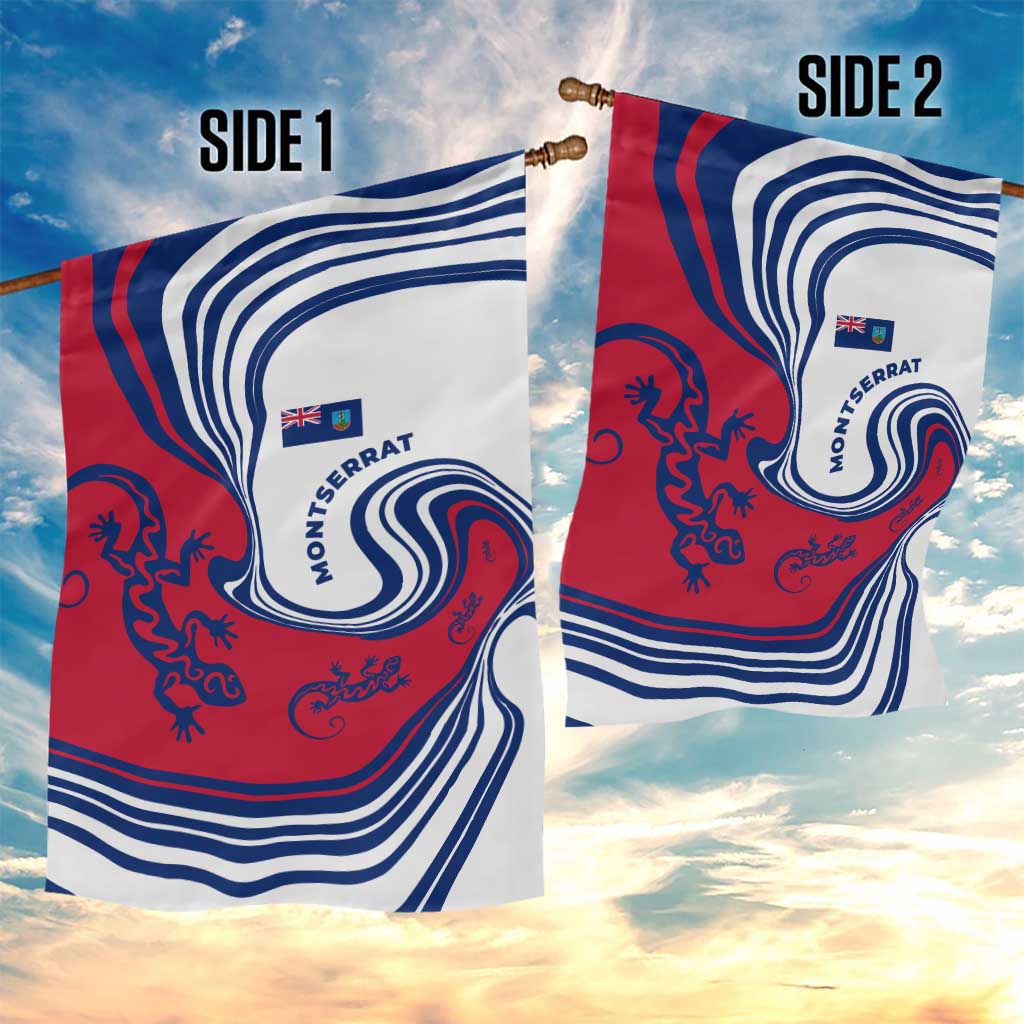 Montserrat Garden Flag with Gecko Illustration Red Blue Wavy Line Design - Wonder Print Shop