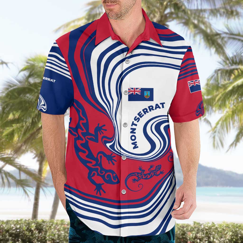 Montserrat Hawaiian Shirt with Gecko Illustration Red Blue Wavy Line Design - Wonder Print Shop