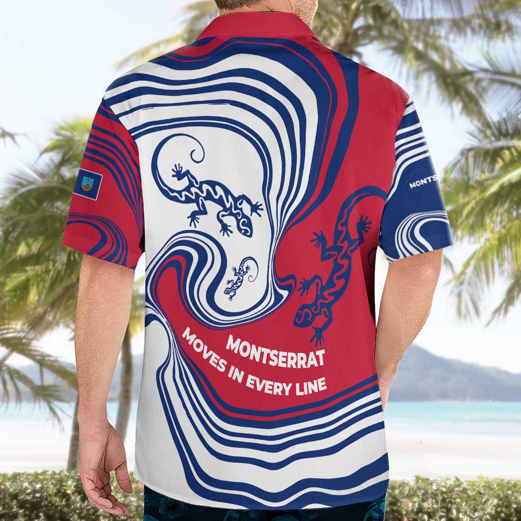 Montserrat Hawaiian Shirt with Gecko Illustration Red Blue Wavy Line Design - Wonder Print Shop