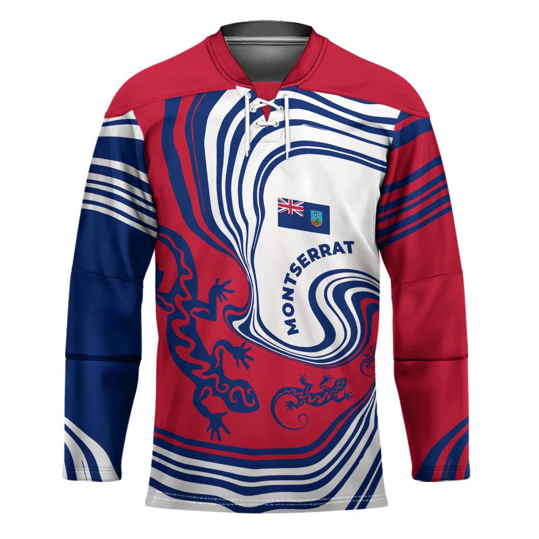 Montserrat Hockey Jersey with Gecko Illustration Red Blue Wavy Line Design - Wonder Print Shop