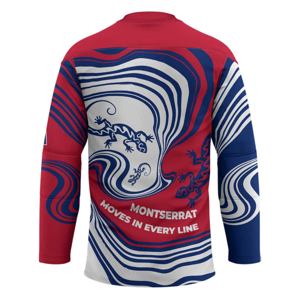 Montserrat Hockey Jersey with Gecko Illustration Red Blue Wavy Line Design - Wonder Print Shop