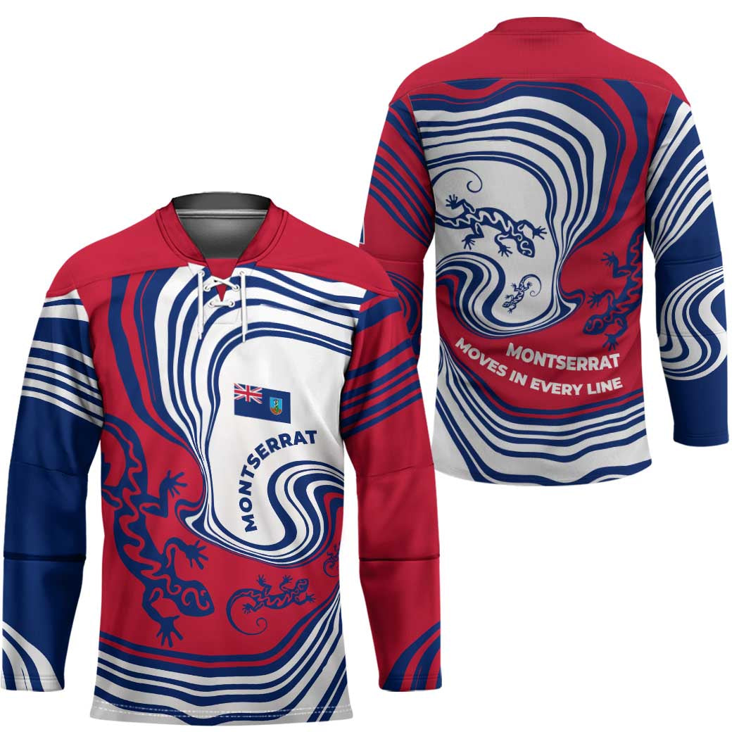 Montserrat Hockey Jersey with Gecko Illustration Red Blue Wavy Line Design - Wonder Print Shop
