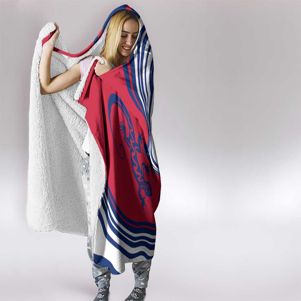 Montserrat Hooded Blanket with Gecko Illustration Red Blue Wavy Line Design - Wonder Print Shop