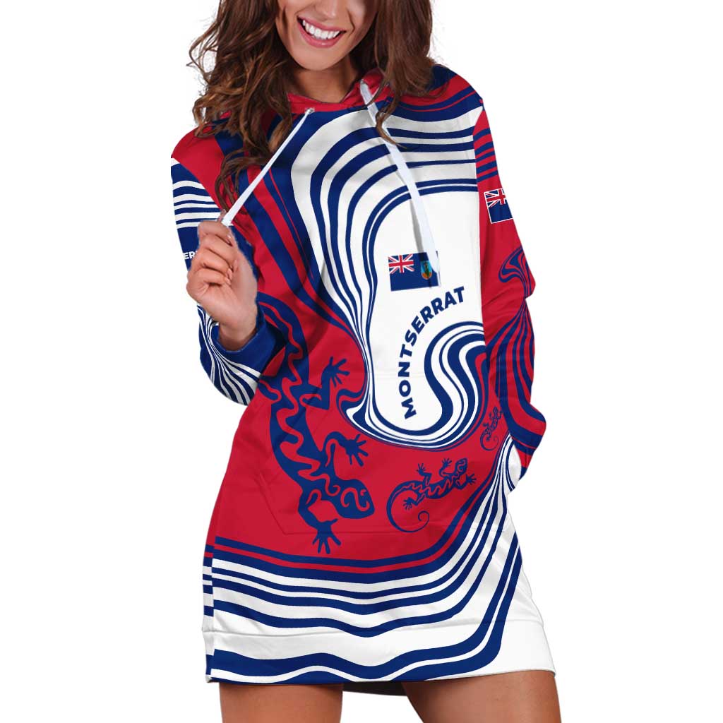 Montserrat Hoodie Dress with Gecko Illustration Red Blue Wavy Line Design - Wonder Print Shop