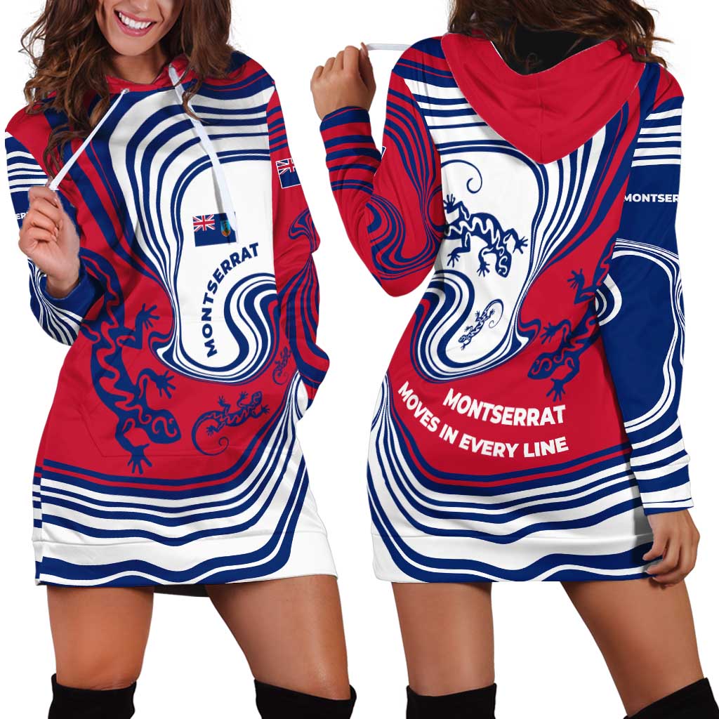 Montserrat Hoodie Dress with Gecko Illustration Red Blue Wavy Line Design - Wonder Print Shop