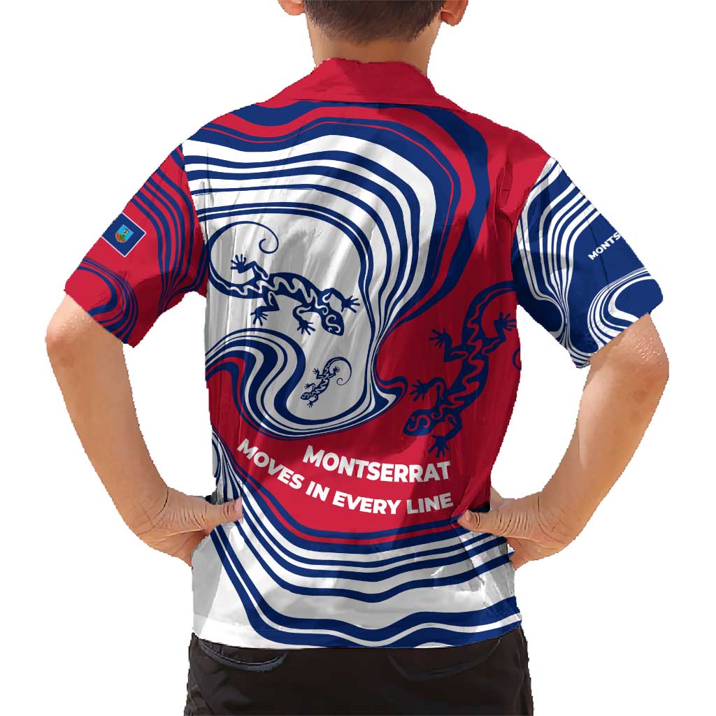 Montserrat Kid Hawaiian Shirt with Gecko Illustration Red Blue Wavy Line Design - Wonder Print Shop