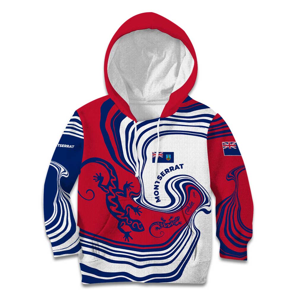 Montserrat Kid Hoodie with Gecko Illustration Red Blue Wavy Line Design - Wonder Print Shop