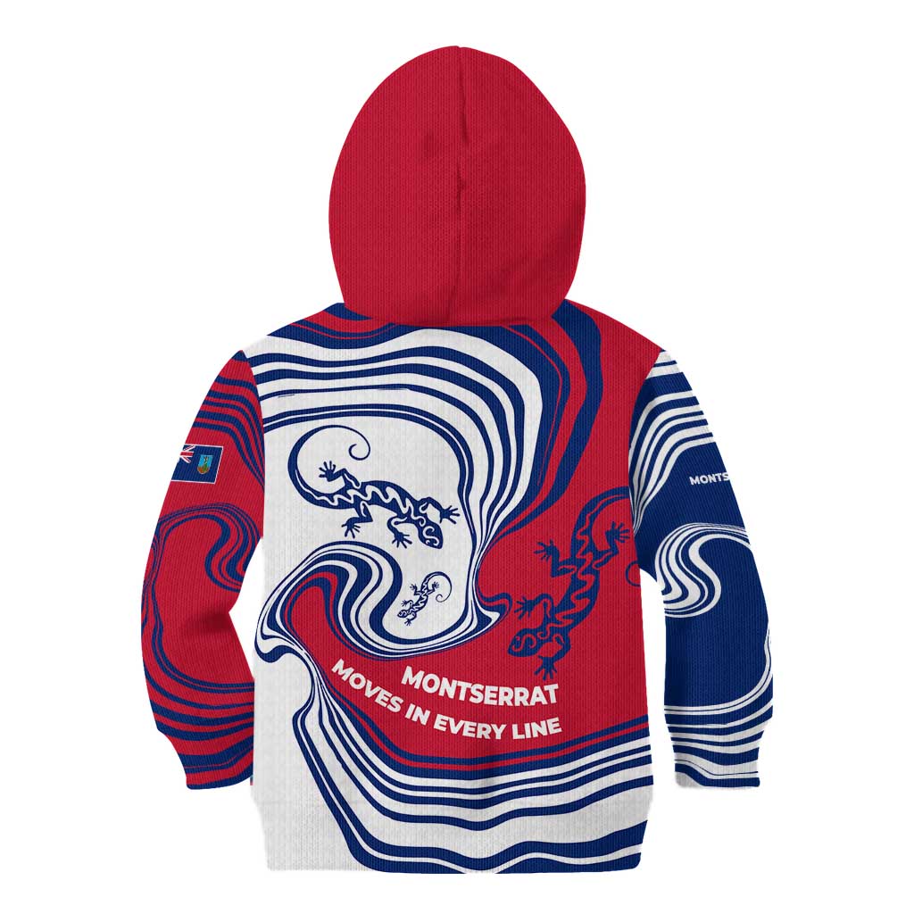 Montserrat Kid Hoodie with Gecko Illustration Red Blue Wavy Line Design - Wonder Print Shop