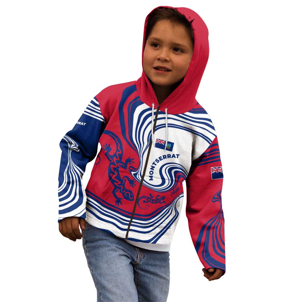 Montserrat Kid Hoodie with Gecko Illustration Red Blue Wavy Line Design - Wonder Print Shop