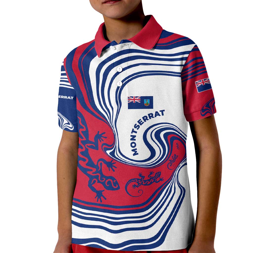 Montserrat Kid Polo Shirt with Gecko Illustration Red Blue Wavy Line Design - Wonder Print Shop