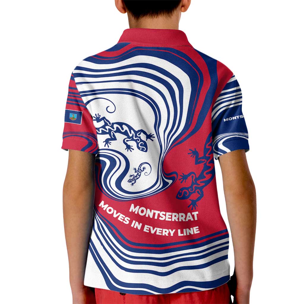 Montserrat Kid Polo Shirt with Gecko Illustration Red Blue Wavy Line Design - Wonder Print Shop