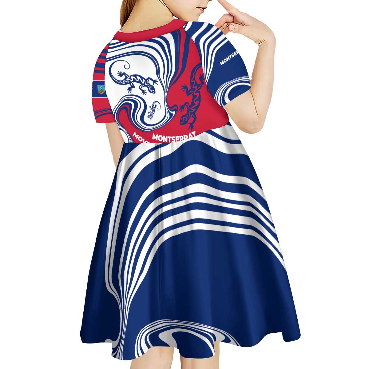Montserrat Kid Short Sleeve Dress with Gecko Illustration Red Blue Wavy Line Design - Wonder Print Shop
