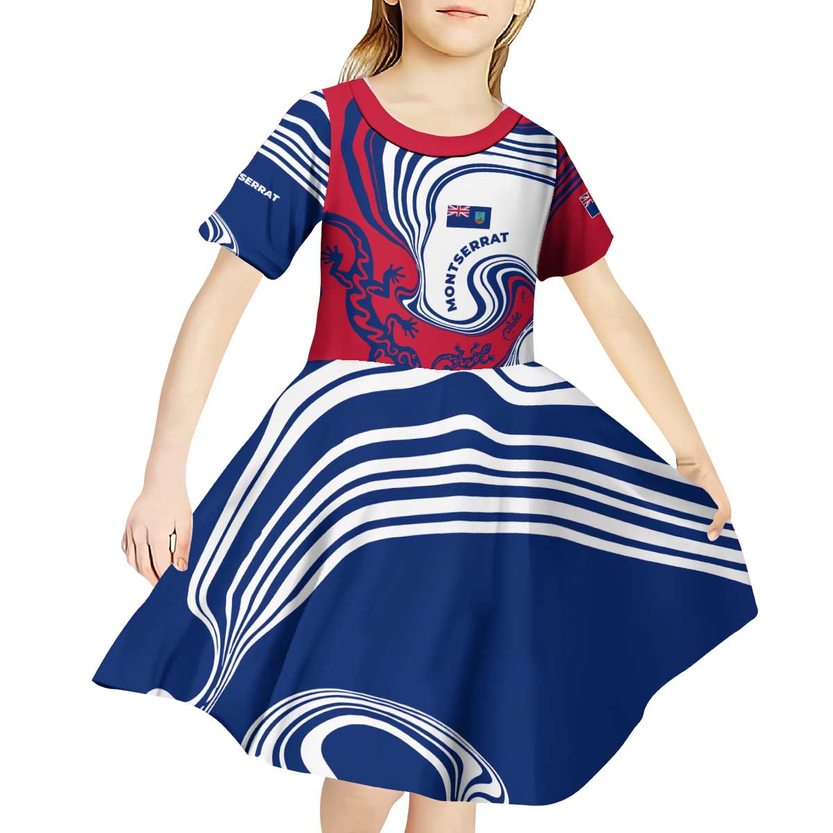Montserrat Kid Short Sleeve Dress with Gecko Illustration Red Blue Wavy Line Design - Wonder Print Shop