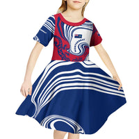 Montserrat Kid Short Sleeve Dress with Gecko Illustration Red Blue Wavy Line Design - Wonder Print Shop