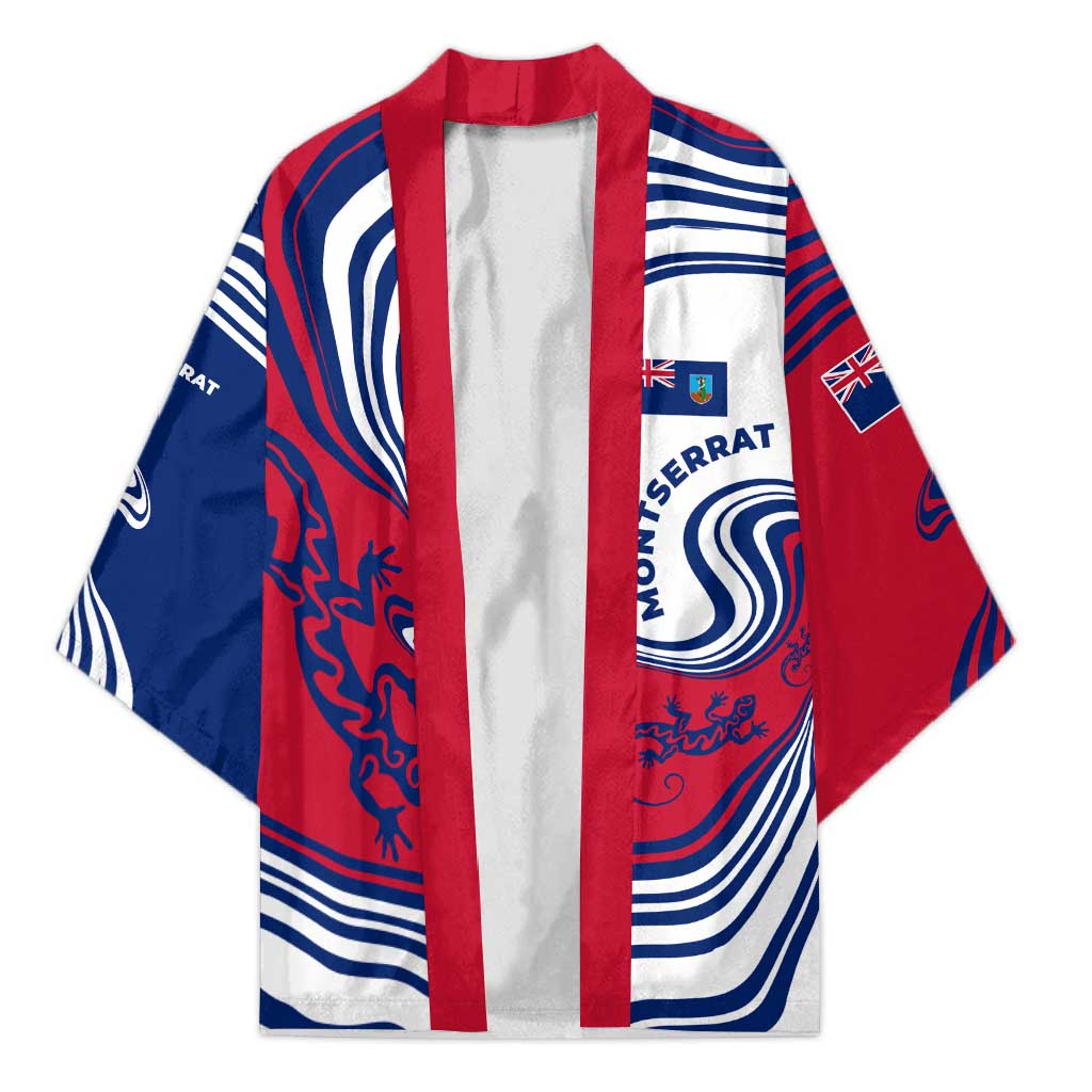 Montserrat Kimono with Gecko Illustration Red Blue Wavy Line Design - Wonder Print Shop
