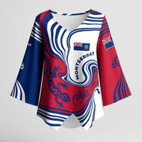 Montserrat Kimono Sleeve Blouse with Gecko Illustration Red Blue Wavy Line Design - Wonder Print Shop