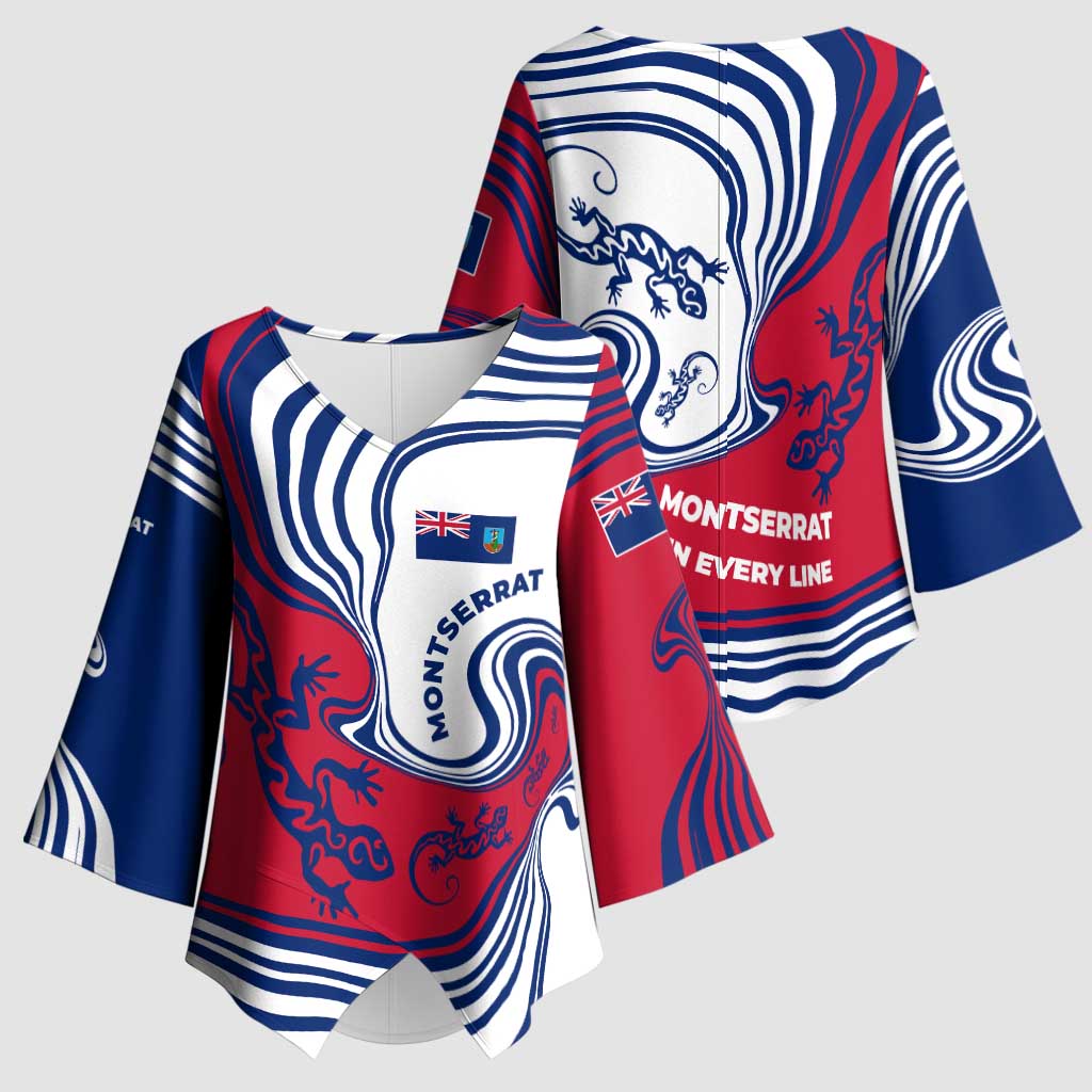 Montserrat Kimono Sleeve Blouse with Gecko Illustration Red Blue Wavy Line Design - Wonder Print Shop