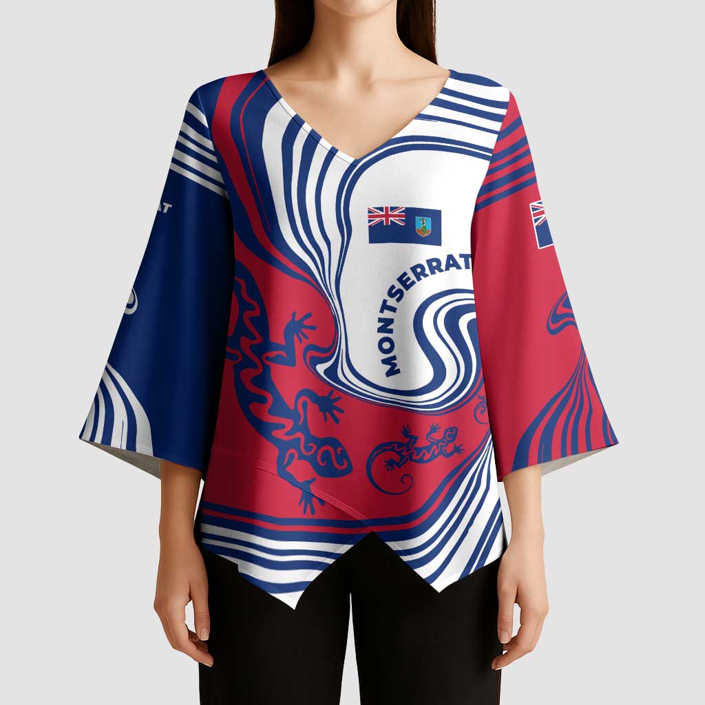 Montserrat Kimono Sleeve Blouse with Gecko Illustration Red Blue Wavy Line Design - Wonder Print Shop