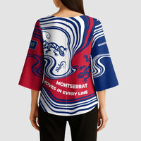 Montserrat Kimono Sleeve Blouse with Gecko Illustration Red Blue Wavy Line Design - Wonder Print Shop