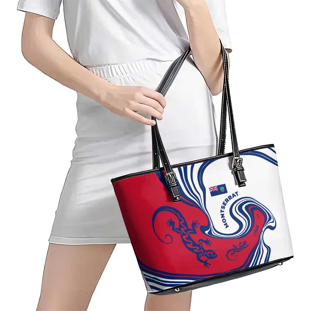 Montserrat Leather Tote Bag with Gecko Illustration Red Blue Wavy Line Design - Wonder Print Shop